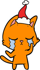 crying line drawing of a cat wearing santa hat