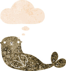 cartoon seal and thought bubble in retro textured style