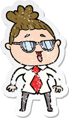 distressed sticker of a cartoon happy woman wearing spectacles