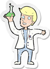 retro distressed sticker of a cartoon happy scientist