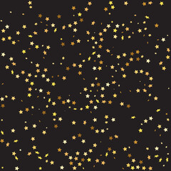 Fototapeta na wymiar Star Sequin Confetti on Black Background. Isolated Flat Birthday Card. Golden Stars Banner. Voucher Gift Card Template. Vector Gold Glitter. Falling Particles on Floor. Christmas Party Frame.