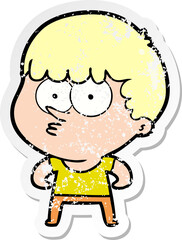 distressed sticker of a cartoon curious boy