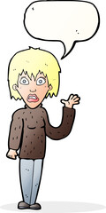 cartoon shocked woman waving hand with speech bubble