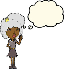 cartoon woman waving with thought bubble