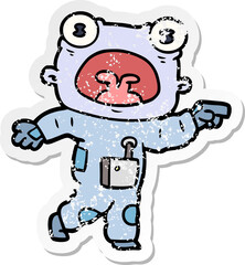 distressed sticker of a cartoon weird alien communicating