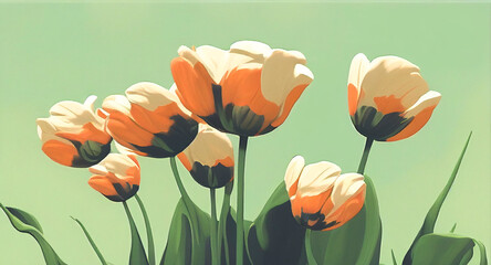 Spring  orange-coloured tulips, against calm green pastel  background. Illustration 