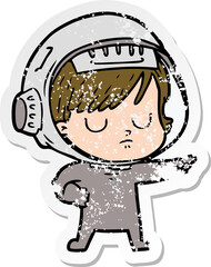 distressed sticker of a cartoon astronaut woman