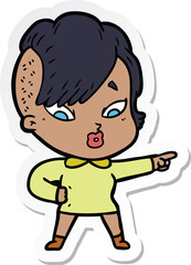 sticker of a cartoon surprised girl pointing
