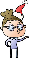 gradient cartoon of a woman wearing glasses wearing santa hat