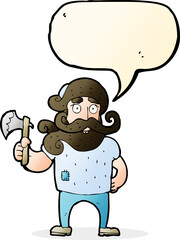cartoon lumberjack with axe with speech bubble