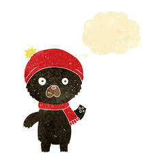 cartoon waving black bear with thought bubble