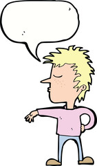 cartoon man making camp gesture with speech bubble