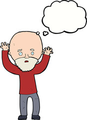 cartoon bearded man panicking with thought bubble