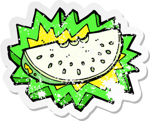 retro distressed sticker of a cartoon melon slice