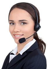 Young woman  with headphones, call center or support concept