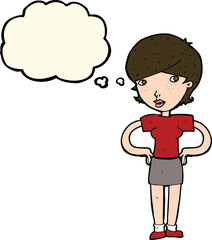 cartoon woman with hands on hips with thought bubble