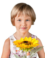 Cute little girl with sunflower on white background