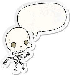 cute cartoon dancing skeleton and speech bubble distressed sticker