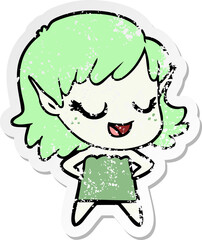 distressed sticker of a happy cartoon elf girl