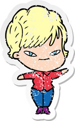 distressed sticker of a cartoon happy woman