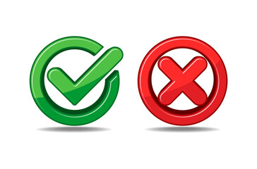 Tick and cross 3D signs. Yes and No, consent and protest, like and dislike. Green checkmark and red X icons on transparent background.