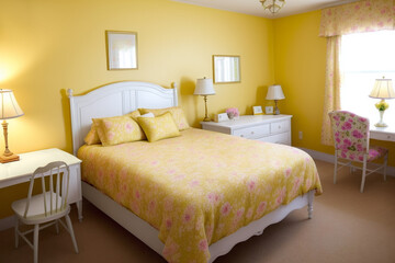 Bedroom with big yellow floral bed. Walls are painted of yellow, desk, table lamp and chair. Generative AI technology