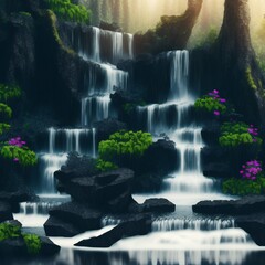 black roses with forest background and waterfalls 8k - generative ai