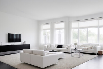 Television on stand, living room with large white couches, table and large windows. Minimalism. Generative AI technology