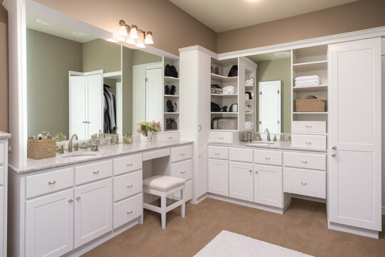 White dressing room with mirrors and vanity table for getting ready in morning. Plenty of storage with built-in shelves and drawers.  AI technology