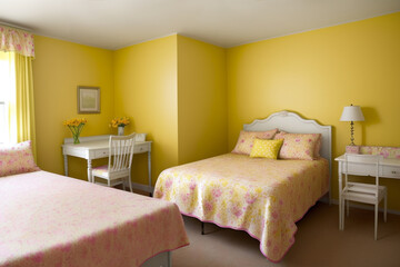Bedroom with two yellow floral bed. Walls are painted in a warm shade of yellow, small desks and chairs. Generative AI technology