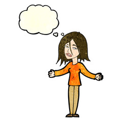 cartoon woman shrugging shoulders with thought bubble