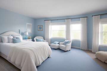 Big light bedroom with queen-sized bed, two armchairs and few large windows. Walls are painted in calming shade of blue.  Generative AI technology
