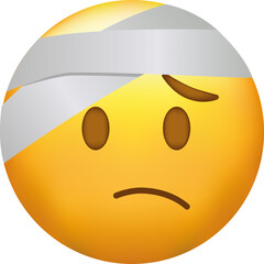 Emoji with bandage. yellow face with a half frown and white bandage wrapped around its head.