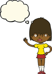 cartoon waving woman with thought bubble
