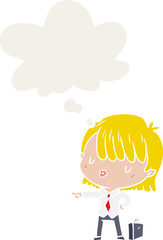 cartoon efficient businesswoman and thought bubble in retro style