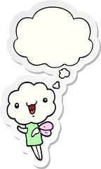 cute cartoon cloud head creature and thought bubble as a printed sticker
