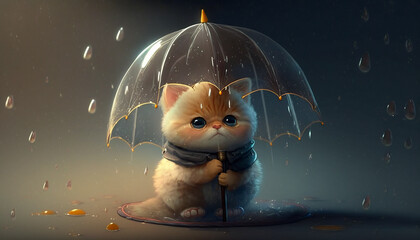 Cute and adorable cartoon kitten in the rain holding an umbrella, fantasy arts, surrealism, AI art