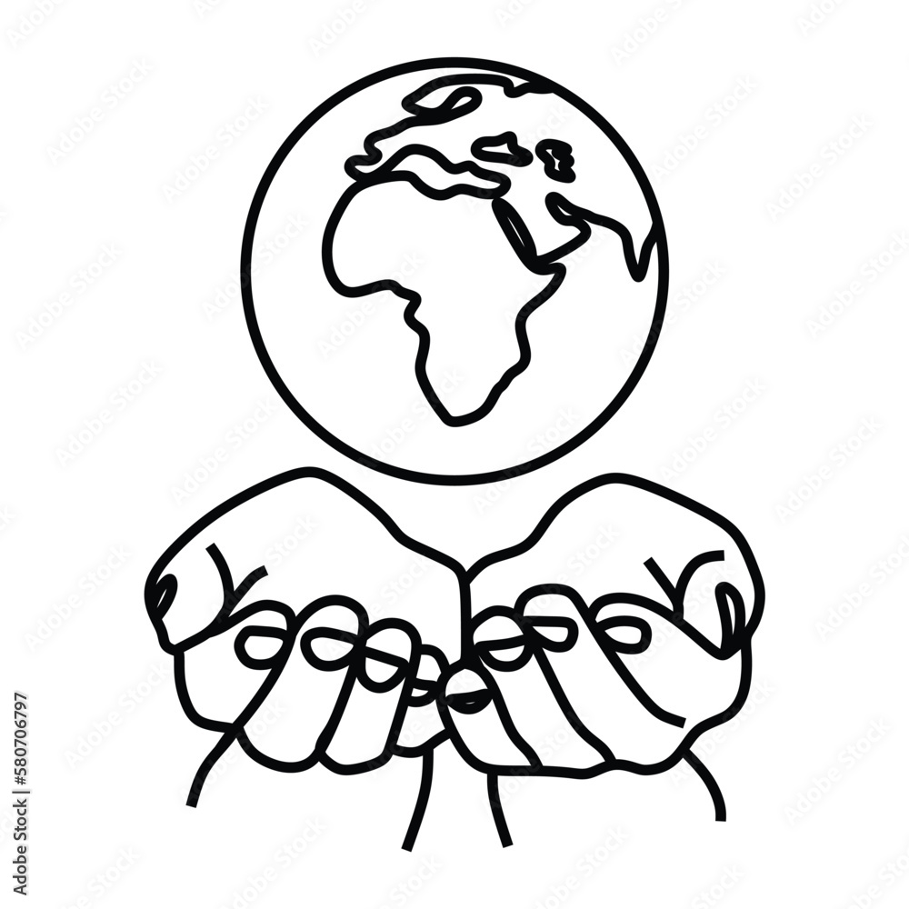 Wall mural earth day logo, black and white line art, two hands under the earth, editable outline