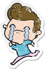distressed sticker of a cartoon man crying