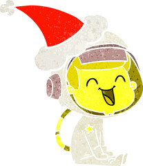 happy retro cartoon of a astronaut wearing santa hat
