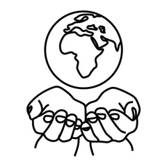 earth day logo, black and white line art, two hands under the earth, editable outline
