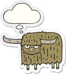 cartoon hairy cow and thought bubble as a printed sticker