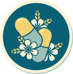 tattoo style sticker of pills and flowers