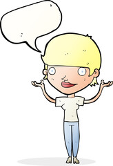 cartoon woman holding arms in air with speech bubble