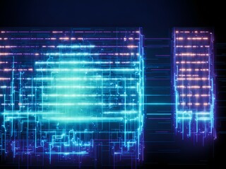abstract technology blue background with growing lines. Abstract technology design with neon colors and grid lines. Representing chips, ai, machine learning, gpu, cpu, computer, internet, cloud, gpt 