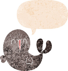 cute cartoon whale and speech bubble in retro textured style