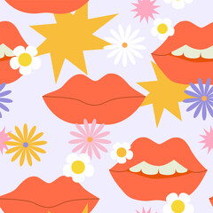 Comic female lips background in pop art, psychedelic hippie retro style.