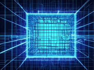 abstract technology blue background with growing lines. Abstract technology design with neon colors and grid lines. Representing chips, ai, machine learning, gpu, cpu, computer, internet, cloud, gpt 