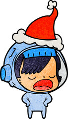 textured cartoon of a astronaut woman explaining wearing santa hat