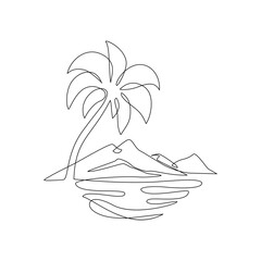 Abstract tropical landscape continuous art line with mountains, sea, coconut palm tree - 580707544